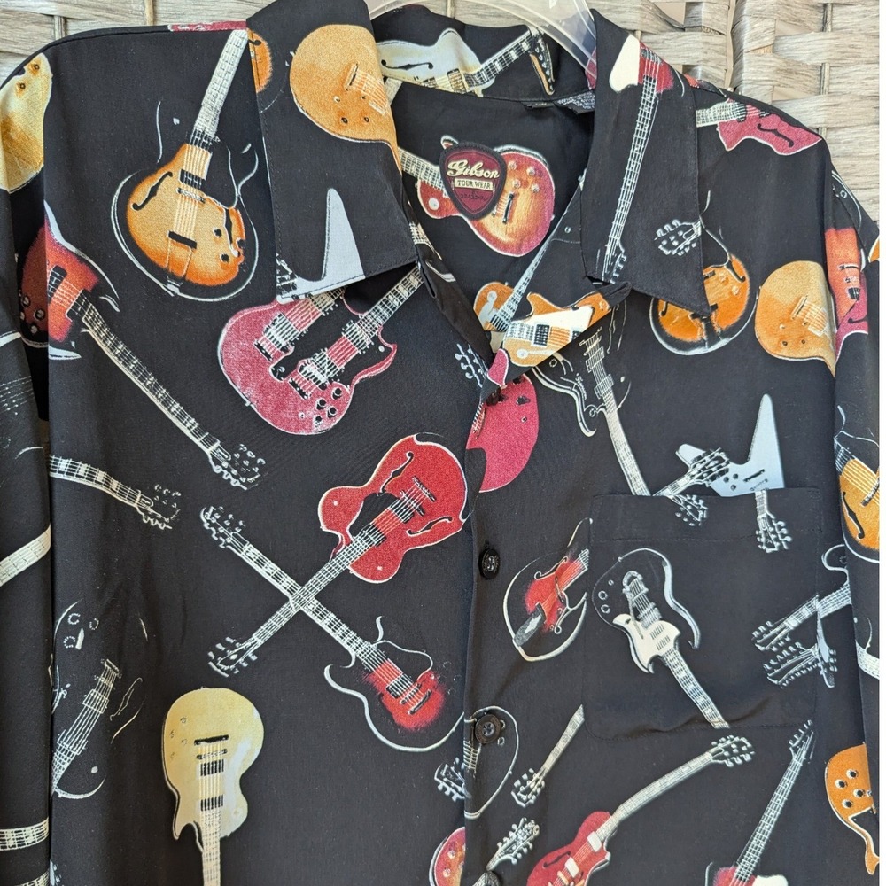 Gibson Tour Wear Button Up Camp Shirt Black Guitar Print Dragonfly Mens Sz XL